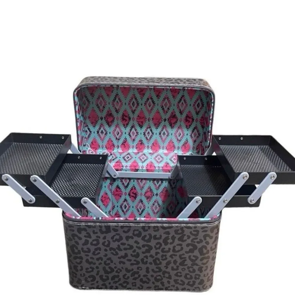 Western Aztec Print Cosmetic Case Womens Leopard Tiered Makeup Storage Brand New